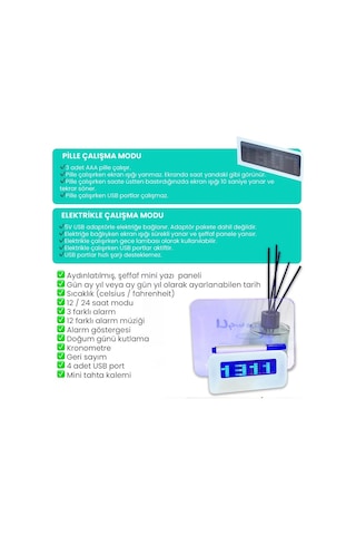 Upway 4 Adet Usb Çoklayıcı Not Panelli Dijital Masa Saati 3 Alarm Sıcaklık Takvim Doğum Günü Beyaz