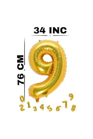 Folyo Balon Rakam Gold Renk 34 Inc 76 Cm Helyum Uyumlu 9