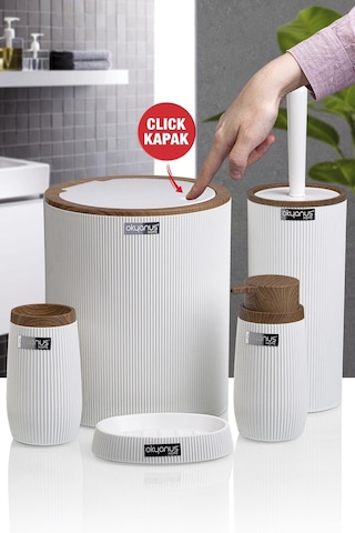 Okyanus Home Beyaz Ahşap Çizgili Yuvarlak 5'Li Banyo Seti