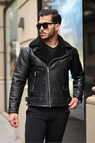 Erkek Napa Deri Çapraz Fermuarlı İçi Full Kürklü Slim Fit Mont & Ceket Siyah - Siyah