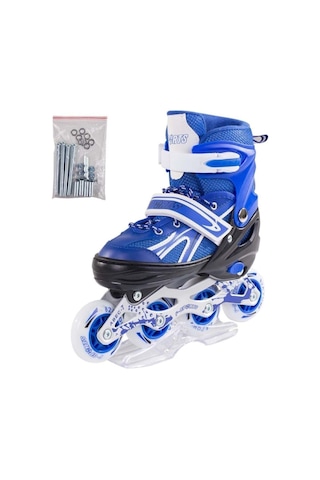 Paten Ayarlanabilir 2+2 Ve 2+1+1 Işıklı Metal Gövde Alıştırma Pateni Çantalı Mavi