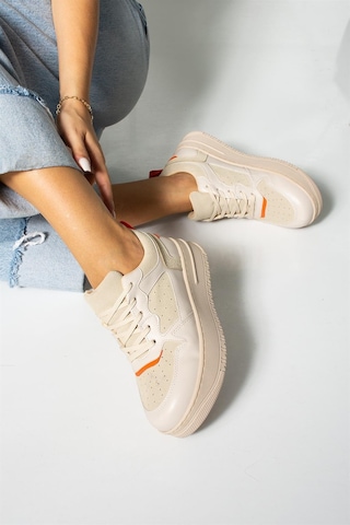 Shoetek Dael Kadın Sneakers Bağcıklı Spor Ayakkabı Bej Deri Bej
