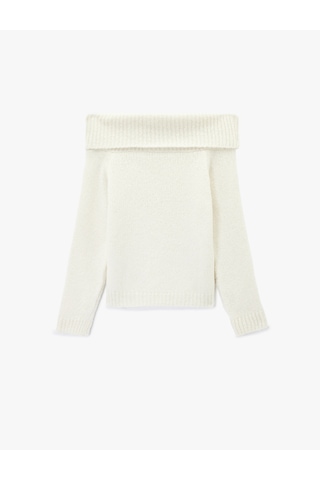 Koton Koton X Sibil Çetinkaya - Uzun Kollu Açık Omuz Oversize Triko Kazak Ekru 6wak90471ht
