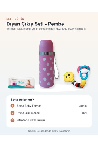 Dışarı Çıkış Seti 3 Parça: Sema Baby Termos + Prima Islak Mendil + Infantino Emzik Tutucu - Pembe