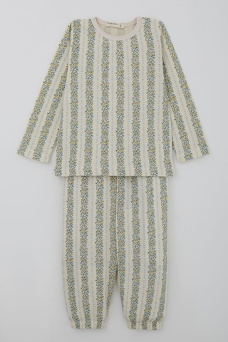Breeze Kız Bebek Pijama Takımı Mavi Floral Çiçek Desenli Şeritli 9 Ay - 3 Yaş , Ekru