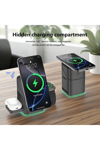 Topshop1 3ü 1 Arada Siyah Kablosuz Manyetik Dönebilir Katlanabilir Seyahat Şarj Cihazı