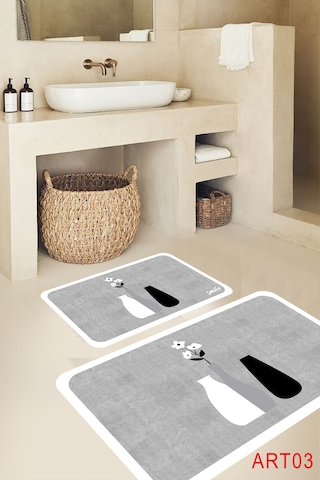 Eco Concept Banyo Paspası, Kaymaz Taban, Çiçek Desenli, Klozet Ta Gri - Beyaz