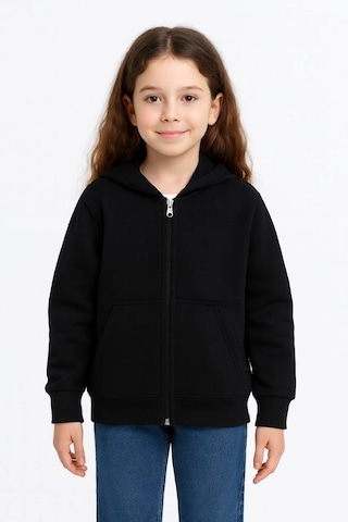 Moda Kız Çocuk Kapüşonlu Kanguru Cepli Tam Fermuarlı Hırka Sweatshirt - Siyah Çok Renkli
