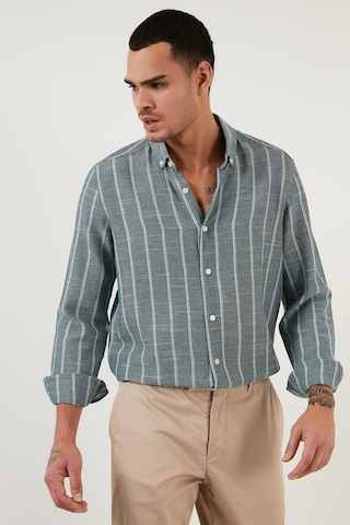 Buratti Pamuklu Çizgili Regular Fit Düğmeli Yaka Erkek Gömlek Cf21S112480 Haki-Beyaz