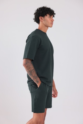 Rowinger Waffle Dokulu Oversize T-shirt Ve Şort Erkek Takım Darkgreen