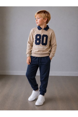 Polo Yaka Nakışlı Erkek Çocuk Taba/lacivert Sweatshirt & Eşofman Alt Üst Takım Kolej Stili Ve Şıkl
