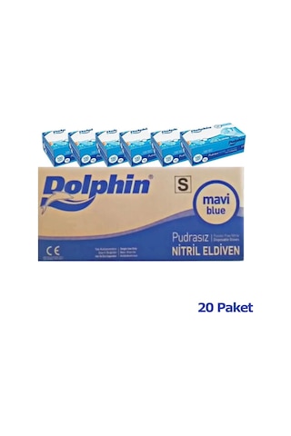 Dolphin Tek Kullanımlık Lateks Mavi Pudrasız Nitril Muayne Eldiveni Small Küçük Boy 100'lü 20 Paket