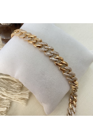 Kyver Taşlı Kalın Zincir Çelik Gurmet Bileklik Rose Gold