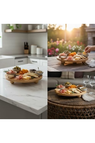 Bambu Top Ayaklı Yuvarlak Sunumluk 25cm Çap Seçenekli Doğal Ahşap Servis Tabağı Peynir, Meze, Kek Standı, Kahvaltı Ve Charcuterie Board Yükseltilmiş Masaüstü Tepsi 25 Cm 15cm