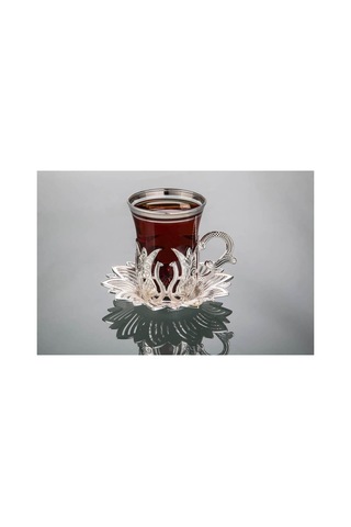 Çay Sunum Seti Lale Desenli Tepsili Metal Gümüş