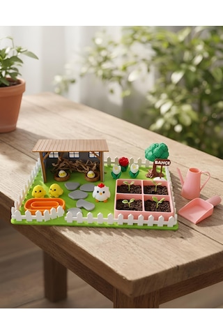Kutpia Mini Bahçe Çocuk Oyun Ve Eğitim Seti 25x19cm - Sevimli Tavuklar Pembe