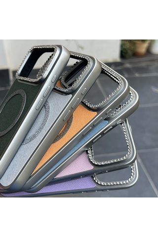 Apple iPhone Uyumlu 17 Pro Max Uyumlu - Simli Magsafeli Kamera Çevresi Taşlı Yanları Silikon Kılıf Pembe