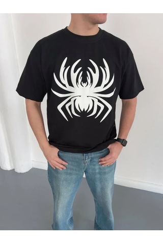 Defymoda Erkek Örümcek Baskılı Tişört Kısa Kollu Bisiklet Yaka T-shirt - Siyah