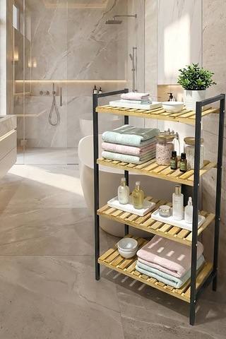 Exent, Dekoratif Banyo Boy Dolabı, Havluluk, Banyo Dolabı, 4 Raflı, Metal İskelet Ahşap