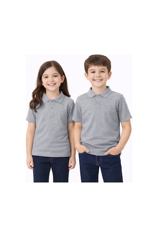 Stero Gri Okul Tişörtü Unisex Kısa Kollu Polo Yaka Pamuklu Düz Renk Gri