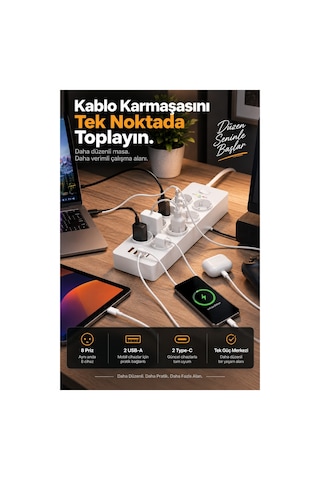 Robeve Fulltech 3680w 8 Li Akım Korumalı Uzatma Prizi - 2 Usb-a 2 Type-c, 2 Metre Kablo, Akıllı Koruma Sistemli Çoklu Priz Çoğaltıcı Grup Priz 8'li Priz 8'li Fiş Grup Fiş 2 M