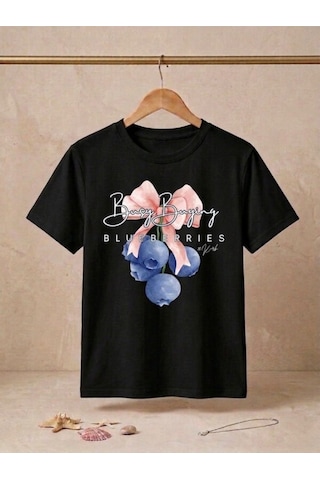 Blue Berrıes Baskılı Oversize Kompak T-shirt Siyah