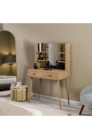 2202 Lucky Aynalı Ahşap Ayaklı 2 Çekmeceli 80 Cm Makyaj Masası