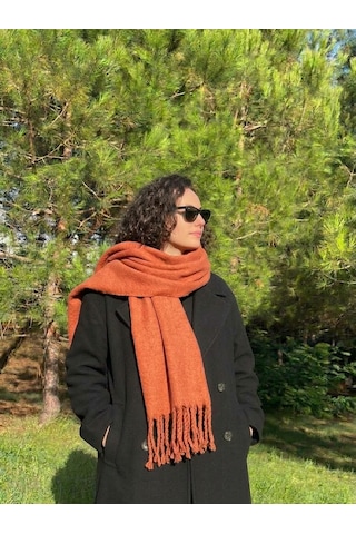 Yusan Tekstil Püsküllü Düz Renk Atkı Açık Turuncu