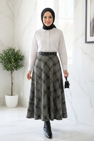 Hb Harma Time Butik Kadın Gri Desenli Kemerli Etek