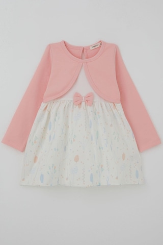 Breeze Kız Çocuk Uzun Kollu Elbise Bolerolu Eteği Çiçek Desenli Fiyonklu 3-8 Yaş, Pembe
