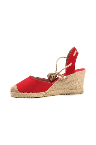 Star Tombis Gerçek Elişi Topuğu Açık Bilekten Bağlamalı Bej Dolgu Topuk Keten Hasır Espadril Handmade Kırmızı