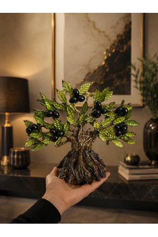 Dekoratif Zeytin Ağacı Biblo 21x26 Cm Reçine El Yapımı Siyah Zeytinli Konsol Vitrin Ofis Masa Üstü Ev Dekoru