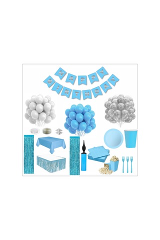 Mavi Beyaz 16 Kişilik Full Doğum Günü Seti