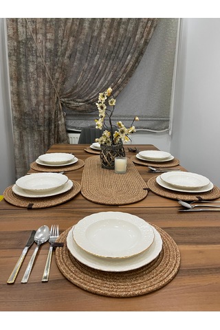 Senza Atelier Lüks 8 Parça Jüt Masa Sunum Seti Oval Runner, 6 Lı Supla Ve Sunum Sepeti Takımı Hasır