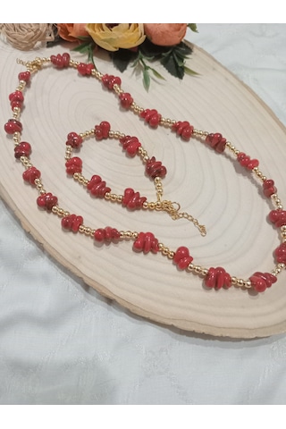 Kırmızı Kolye Ve Bileklik Takım Kırmızı