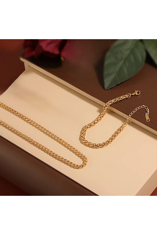 Çelik Takı Seti Bileklik Kolye Burgu Zincir Model 3 Mm Kalınlık 18-55 Cm Uzunluk Altın Sarısı Gold Altın