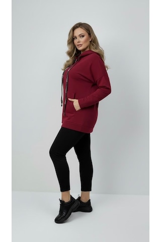 Koza Butik Kadın Büyük Beden Uzun Kollu Kapüşonlu Fermuar Detaylı Sweatshirt 2007 Bordo
