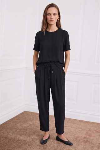 Sateen Kısa Kollu Bluz - Siyah-137405