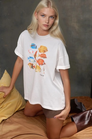 Hiccup Kadın %100 Pamuk Bisiklet Yaka Oversize Beyaz Baskılı T-shirt