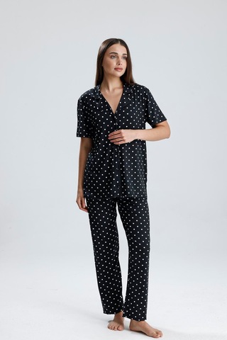 Kompedan Kadın Puantiye Desen Önden Düğmeli Pijama Takım Siyah P. Siyah