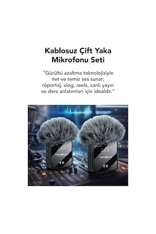 Kablosuz Yaka Mikrofonu Type-c iPhone Uyumlu Aux 2'li Gürültü Engelleyen Profesyonel Ses Kayıt Stüdyo 3in1