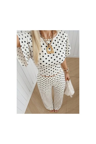 Hımmelduf Kadın Puantiyeli İkili Takım Crop Bluz Bol Paça Pantolon Beyaz Puantiye