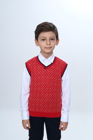 Toontoy Kids Toontoy Erkek Çocuk Regular Fit V Yaka Kare Desenli Okul Süveter - Garni & 2 İplik Kırmızı
