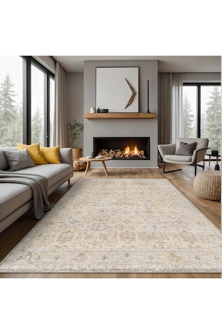 Latte Dizayn Ryella Vintage Desenli Şönil Pamuk Tabanlı Yıkanabilir Kaymaz Antibakteriyel Salon Halısı 80x200 Çok Renkli