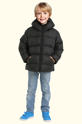 Erkek Çocuk Polarlı Kapüşonlu Su Geçirmez Rüzgara Dayanıklı Şişme Kışlık Mont Siyah