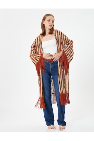 Koton Oversize Kimono Püskül Detaylı Etnik Görünümlü Kahverengi Çizgili 3sak30072ek 3SAK30072EK5S0 Kahverengi