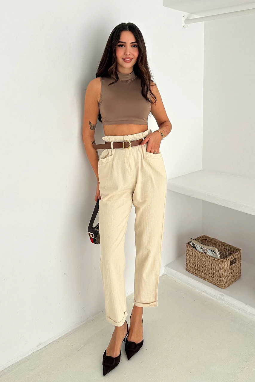 Yıkamalı Pamuk Yağmur Gabardin Yüksek Bel Pantolon Bej Bej
