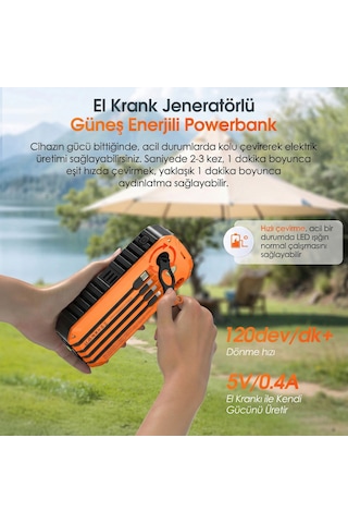 20000 Mah Solar Powerbank - El Kranklı, Dahili Kablolu Taşınabilir Su Geçirmez Powerbank Siyah - Turuncu