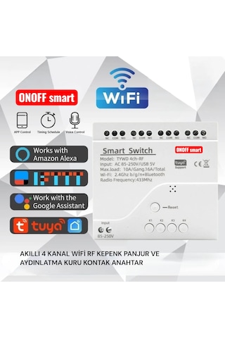 Tuya Destekli Akıllı Wifi+rf Modlu 4 Kanal Işık Anahtar Röle