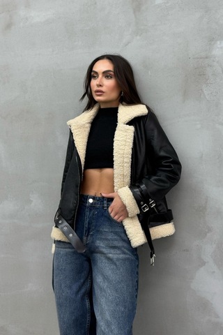 Msm Fashion Kadın İçi Beyaz Kürklü Siyah Kısa Biker Deri Ceket Mont Siyah